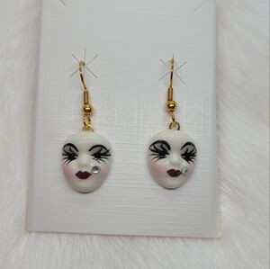Vintage Fancy Faces Hand Painted Porcelain Mask Dangle Earrings
